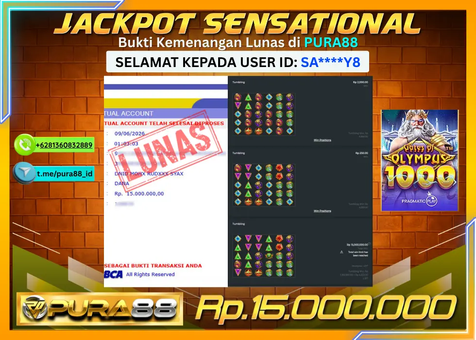 PURA88 JACKPOT GATES OF OLYMPUS 1000 Rp 15.000.000,- LUNAS